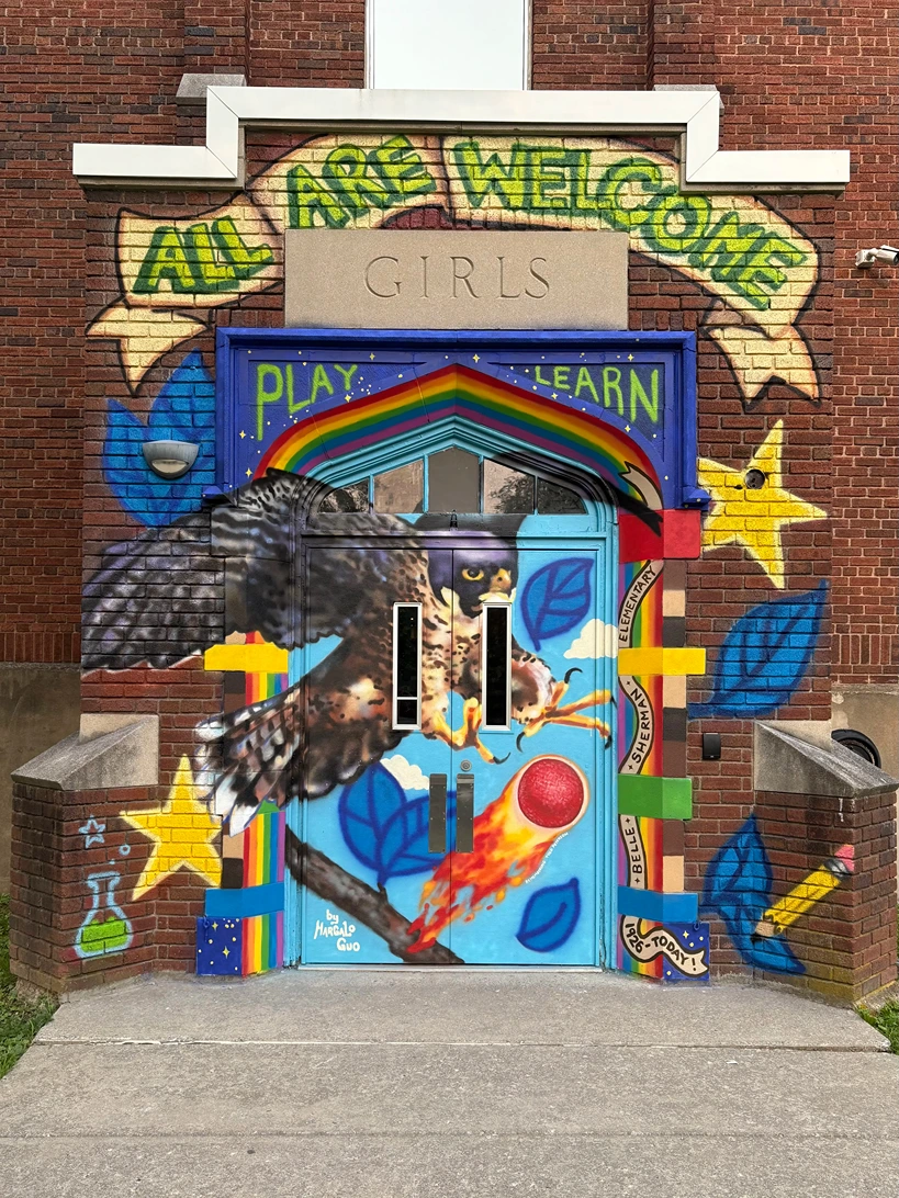 2025, spray paint and brush painted. Belle Sherman Elementary School, Ithaca NY.