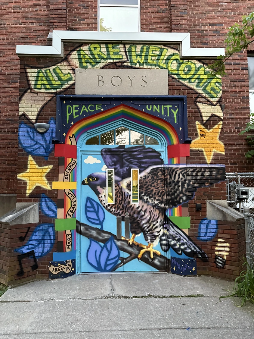 2025, spray paint and brush painted. Belle Sherman Elementary School, Ithaca NY.