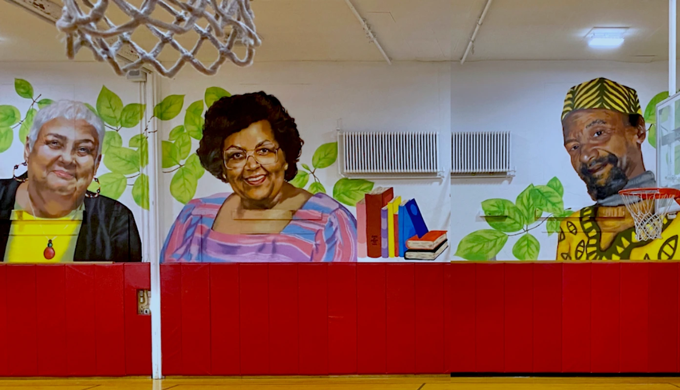 2023, spray and brush paint. Beverly J Martin Elementary School, Ithaca NY. Read more here: https://www.ithacamurals.com/bjm-legacy-mural.html