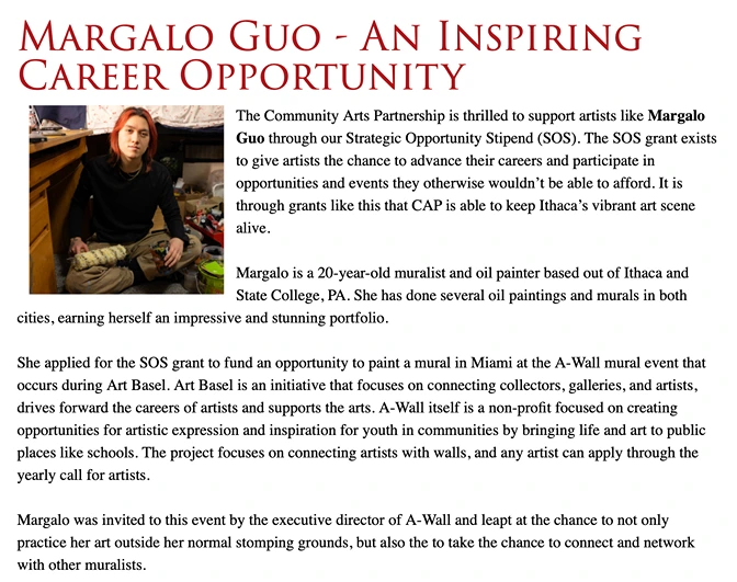 Community Arts Partnership, “Margalo Guo – An Inspiring Career Opportunity,” 2025.